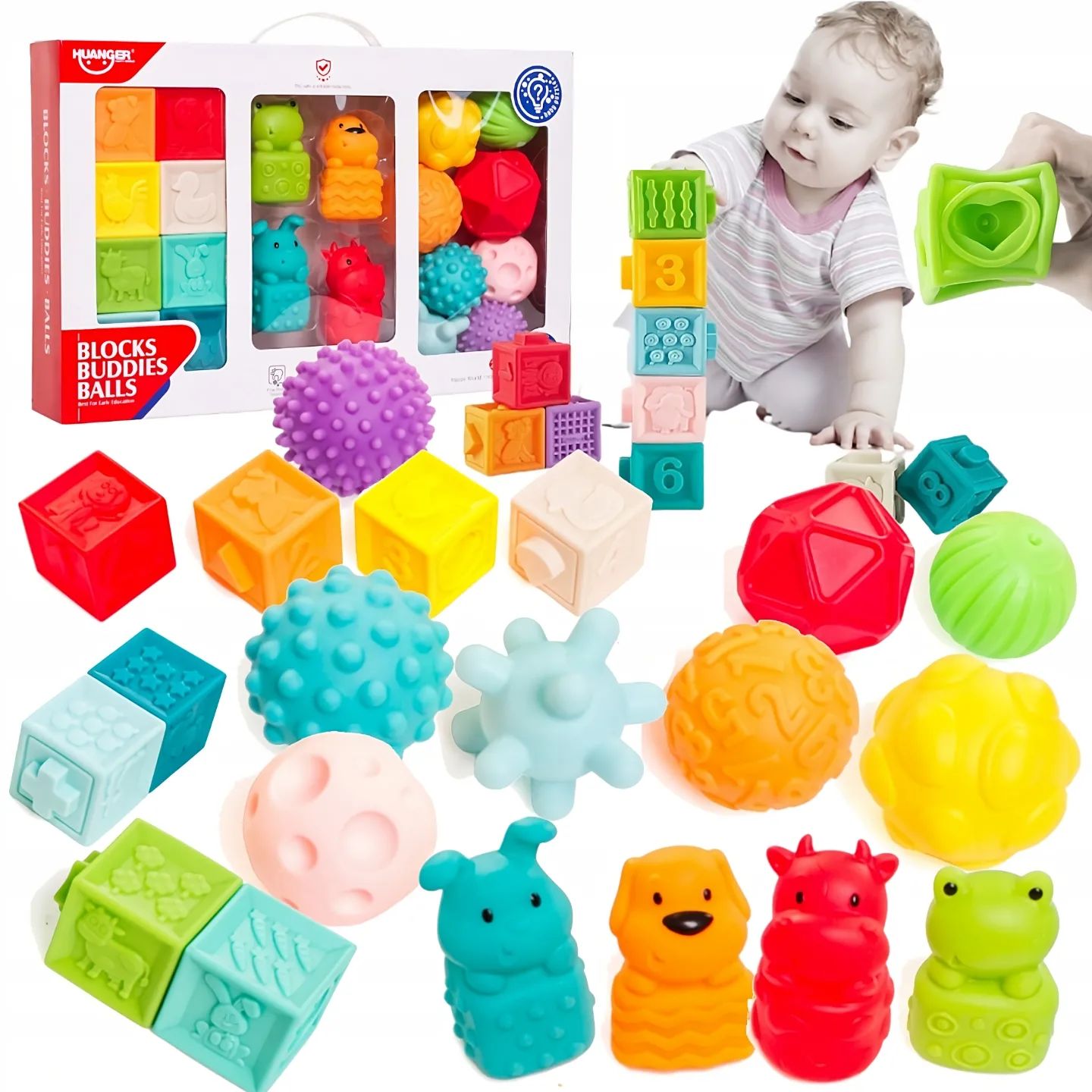 👶 БОЛЬШОЙ НАБОР ТАКТИЛЬНЫХ БЛОКОВ, МЯЧИКОВ И ФИГУР (20 шт)